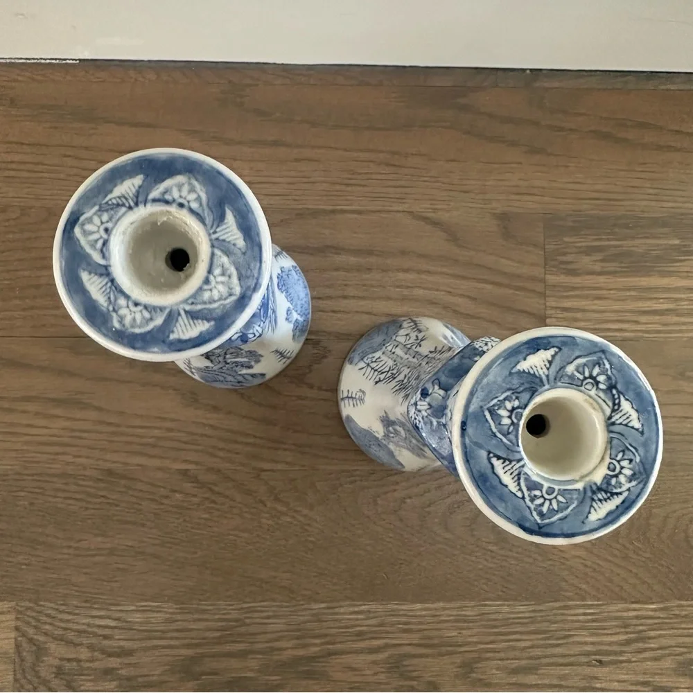 Two Vintage Williams Sonoma Chinoiserie Hand Painted Candle Holders Blue, White
